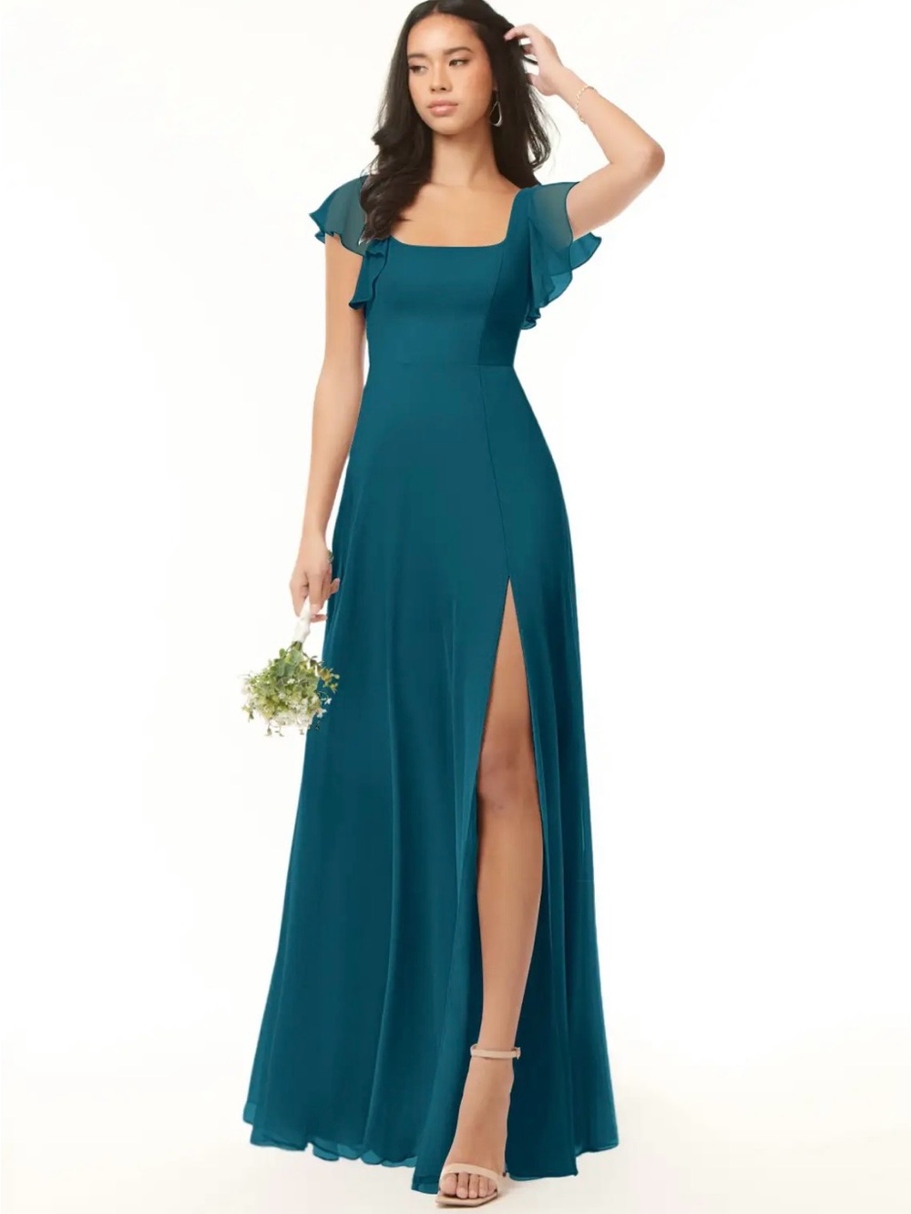 Azazie Teal Flutter-Sleeve Square-Neck Gown with Front Slit